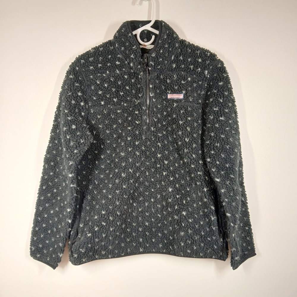 Vineyard Vines Pullover Women Medium Black Birdseye Sherpa Fleece Quarter Zip